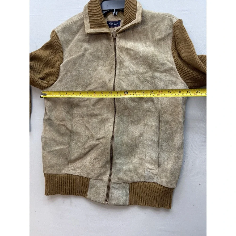 Vintage Old Spice Mens Beige Suede Leather Brown Knit Bomber Jacket Size L